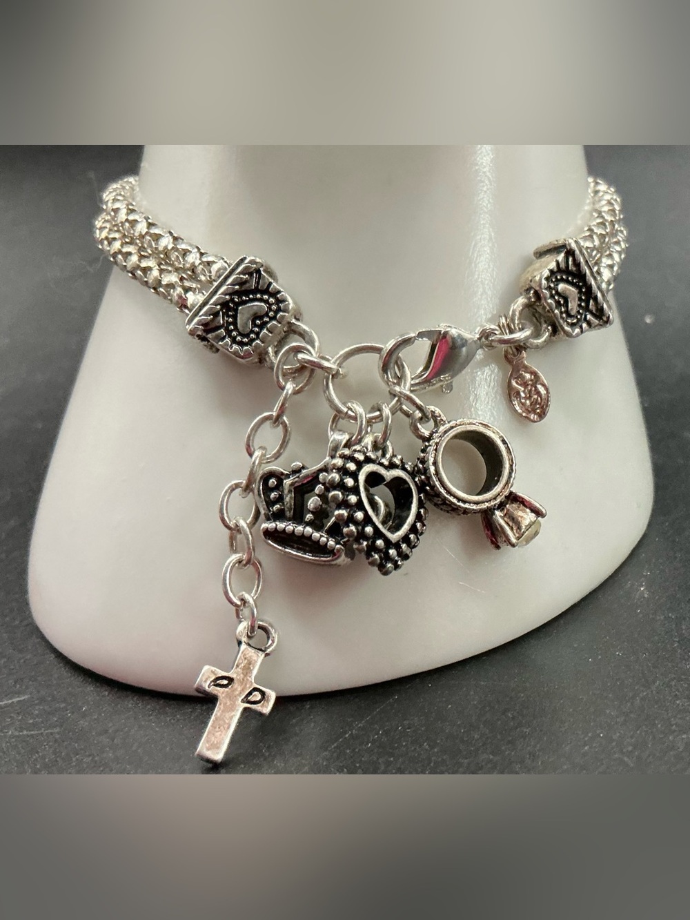 PAPARAZZI SILVERTONE TONE CROSS RING CROWN HEART CHARM BRACELET